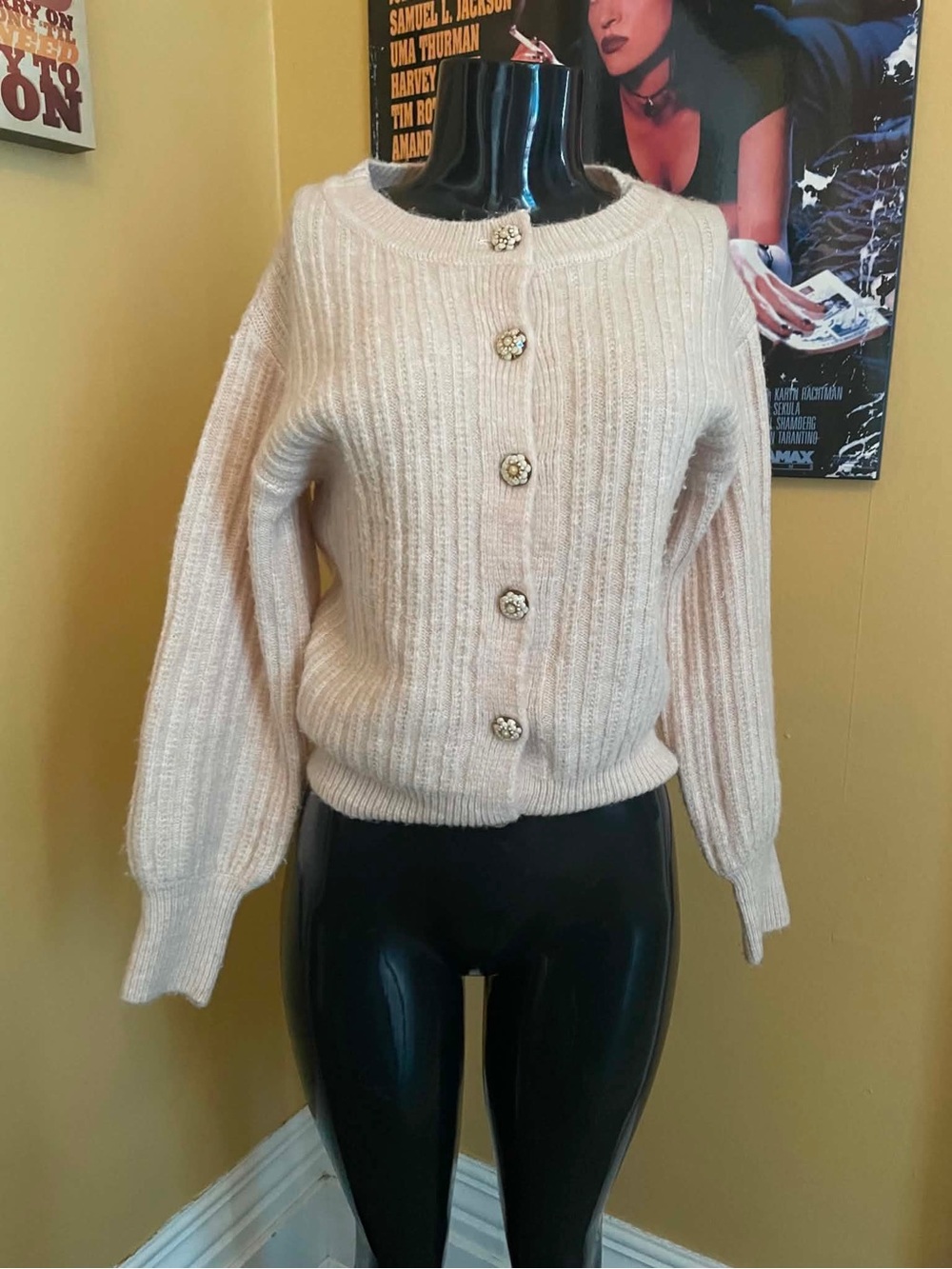 Heartloom Knit Ribbed Cardigan Pearl Floral Jewel Button Sweater Pink XS